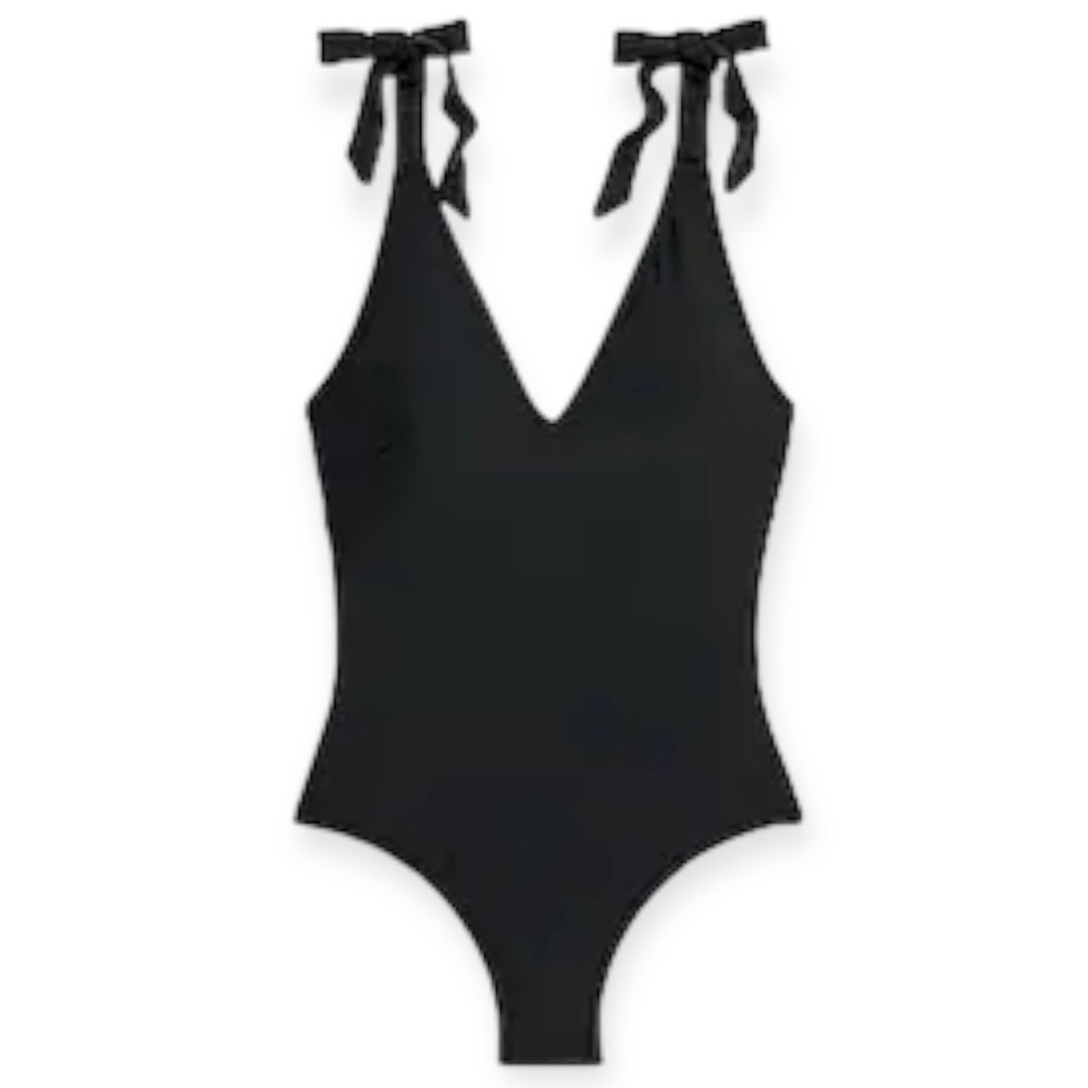 J. CREW Tie-Shoulder Swimsuit One Piece Black Deep V NWT